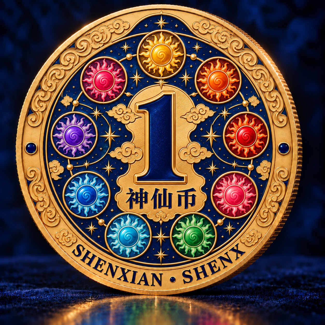 神仙币背面:数字1与九个彩色太阳